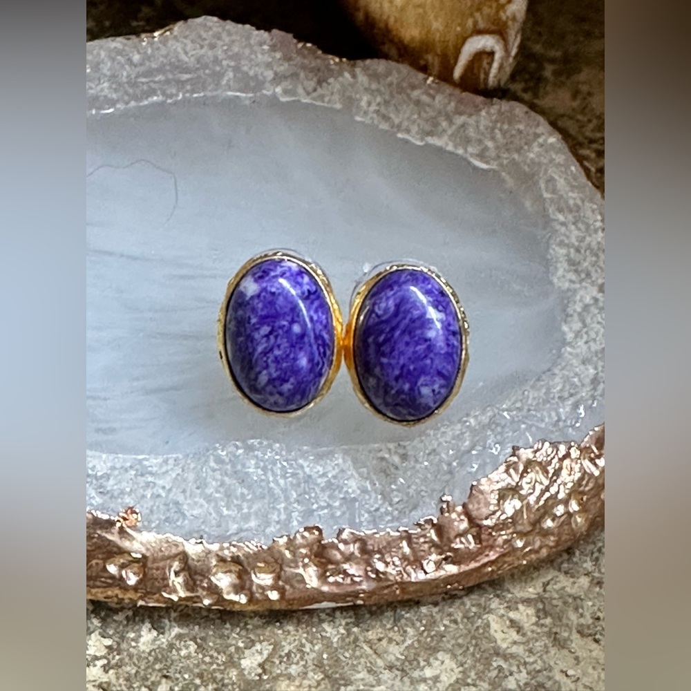 Gold Charoite Oval Stud Earrings